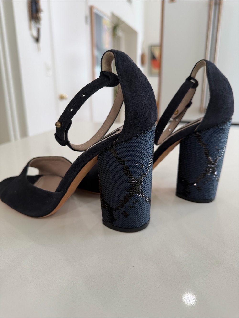Marc Jacobs Black/Navy Suede Open-Toe Block With Embellished Heels